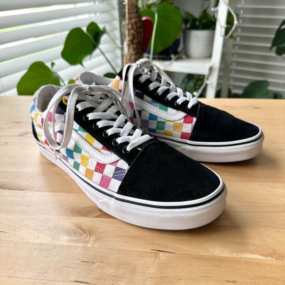 VANS Old Skool Rainbow Checkered Low Top Skate Shoes Men's Size 9.5